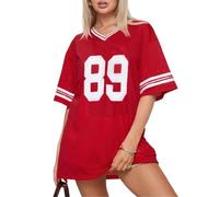 Womens Number Graphic Jersey Shirt Y2k V-Neck Half Sleeve Oversized Streetwear Football Jersey Casual Loose Fit Tee (12Red, L)