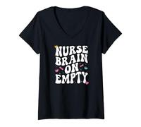 Women's Nurse Brain On Empty Retro Coffee Slogan Graphic V-Neck T-Shirt