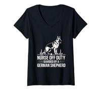 Women's Nurse Off Duty Guarded by A German Shepherd V-Neck T-Shirt
