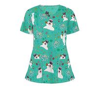 Women's Nurse Scrubs Work Tops Cute Printed Beauty Salon Short Sleeve Xmas Graphic for Career Day Women's Christmas Scrubs Work Tunics Workwear Nursing Doctors Hospital Uniform Care Nursing Uniform