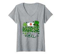 Women's Nurse St Patricks Day Lucky Green Clover Stethoscope Hat V-Neck T-Shirt