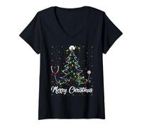 Womens Nurse Stethoscope Christmas Tree Lights Funny Nursing Xmas V-Neck T-Shirt