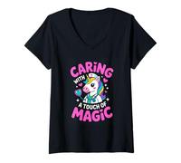 Women's Nurse Unicorn Caring with A Touch of Magic V-Neck T-Shirt