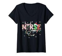 Womens Nursing Stethoscope Reindeer Nurse Hat Funny Christmas Nurse V-Neck T-Shirt