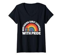 Women's Nurturing Early Learning with Pride Rainbow Teachers V-Neck T-Shirt