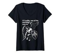 Womens O Lucifer Son of the Morning - Isaiah 14:12 Warrior Angel V-Neck T-Shirt