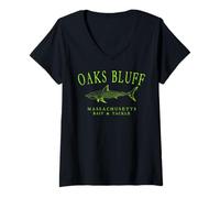 Womens Oaks Bluffs Massachusetts Shark Fishing Bright Green Letters V-Neck T-Shirt