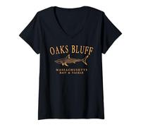 Womens Oaks Bluffs Massachusetts Shark Fishing Orange Letters V-Neck T-Shirt