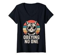 Women's Obeying No One Retro Cat V-Neck T-Shirt
