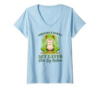 Womens Observer First Act Later Stoic Frog Lovers Spring Artwork V-Neck T-Shirt