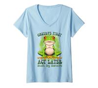 Womens Observer First Act Later Stoic Frog Lovers Spring Artwork V-Neck T-Shirt