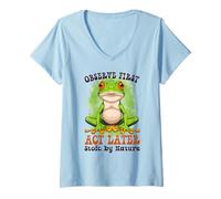 Womens Observer First Act Later Stoic Frog Lovers Spring Artwork V-Neck T-Shirt