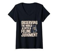 Womens Observing The World With Feline Judgment Cat Lover Feline V-Neck T-Shirt