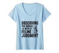Womens Observing The World With Feline Judgment Cat Lover Feline V-Neck T-Shirt