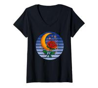 Womens Occult Crescent Moon Rose Goth, Occultism Witchcraft Wicca V-Neck T-Shirt