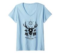 Women's Occult Deer Skull Mystic Black Wolf Sun V-Neck T-Shirt