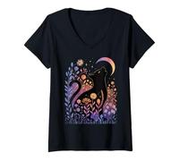 Womens Occult Moon Cat Silhouette - Stars Daisies Autumn Magic V-Neck T-Shirt