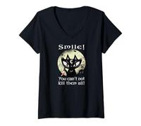 Womens Occult Moon Rose Cat Smile You Can't Kill Them Witch Gothic V-Neck T-Shirt