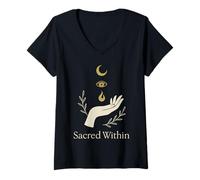 Womens Occult Sacred Moon Magic Symbol Gothic Witchy V-Neck T-Shirt