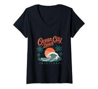 Women's Ocean City Beach Maryland Vintage Sunset Wave V-Neck T-Shirt