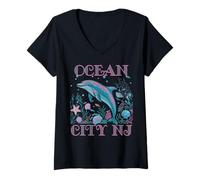 Womens OCEAN CITY NJ DOLPHIN COLORFUL BEACH SOUVENIR V-Neck T-Shirt