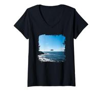 Women's Ocean Horizon Sky Object Minimal Coastal Scene Graphic V-Neck T-Shirt