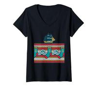 Women's Ocean Knit Socks Folk Knitting Pattern Nautical Anchor V-Neck T-Shirt