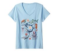 Womens Ocean Life Sea Creatures Collage Kids Marine Animals Shark V-Neck T-Shirt