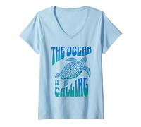 Womens Ocean Trimbal Turtle Vibes: The Ocean is Calling Summer V-Neck T-Shirt
