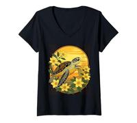 Womens Ocean Turtle and Yellow Gelsemium Flowers V-Neck T-Shirt
