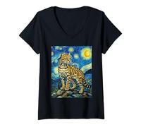 Women's Ocelot Starry Night, Vincent Van Gogh Ocelot V-Neck T-Shirt
