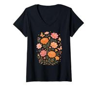 Women's October Birth Flowers Marigold Cosmos Botanical Wildflowers V-Neck T-Shirt