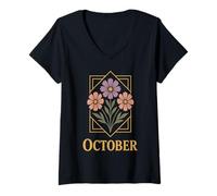 Womens October Cosmos Marigold Birth Flower Fall Women Men Kids V-Neck T-Shirt