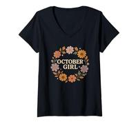 Womens October Girl Cosmos Marigold Birth Flower Autumn Wreath V-Neck T-Shirt