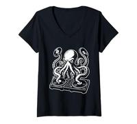 Womens Octopus DJ for Rave Lovers, Funny EDM Dance Music Vinyl V-Neck T-Shirt