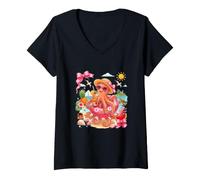 Women's Octopus Floral Costume On Beach Matching Summer Vacation V-Neck T-Shirt