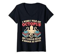 Womens Octopus Reading Books Library V-Neck T-Shirt