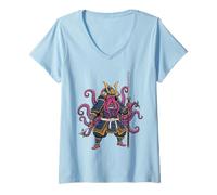 Womens Octopus Samurai Kawaii Japanese Warrior Anime Aesthetics V-Neck T-Shirt