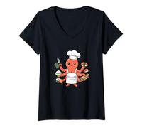 Women's Octopus Sushi Chef Cartoon Cooking Illustration V-Neck T-Shirt