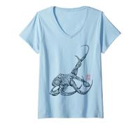 Women's Octopus Tattoo Style with Floral Patterns Japanese Aesthetic V-Neck T-Shirt