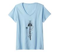 Women's Oda Nobunaga Samurai Katana Sakura Bloom V-Neck T-Shirt