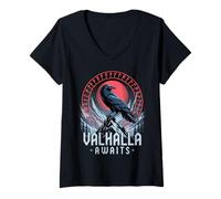 Womens Odin Ravens Huginn & Muninn Vegvísir Vikings Myth V-Neck T-Shirt