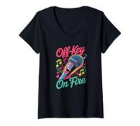 Womens Off-Key and On Fire Singing Microphone Karaoke Music V-Neck T-Shirt