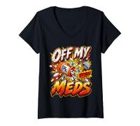 Women's Off My Meds Warning Funny Prescription Pill Graphic V-Neck T-Shirt