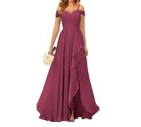 Women's Off Shoulder Bridesmaid Dresses with Slit Spaghetti Straps Chiffon Formal Party Evening Gown Desert Rose UK14