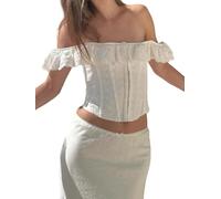 Women's Off-Shoulder Bustier Corset Tops Eyelets Ruffles Tie Back Shirts | Slim fit going out fishbone bodyshaper, back zipper/tie closure that ensure everything stays in place