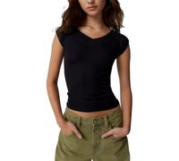 Women's Off Shoulder Criss Cross Wrap Bardot Ribbed Knit T Shirt Tee Top Striped Print Slim Fit Tee Shirts Short Sleeve V Neck Crop Top (Black, XL)