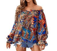 Women's Off Shoulder Floral Print Bardot Top Tie Neck Long Sleeve Buttton Cuff Chiffon Elegant Blouse Frill Trim Smocked Long Sleeve Top Blouse Puff Long Sleeve for Ladies UK Sky Blue
