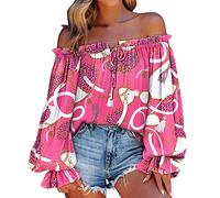 Women's Off Shoulder Floral Print Bardot Top Tie Neck Long Sleeve Buttton Cuff Chiffon Elegant Blouse Frill Trim Smocked Top Blouse Puff Long Sleeve for Ladies UK Hot Pink