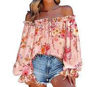 Women's Off Shoulder Floral Print Bardot Top Tie Neck Long Sleeve Buttton Cuff Chiffon Elegant Blouse Frill Trim Smocked Top Blouse Puff Long Sleeve for Ladies UK Pink